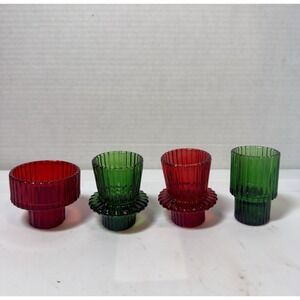 4 Candle (Taper or Votive) Or Toothpick Holders Glass Green & Red Christmas